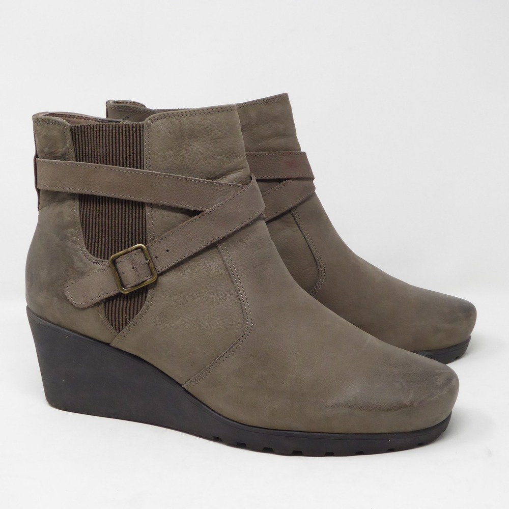Abeo Geranium Leather Ankle Boots Wedge Heel Buckle Strap Taupe 10 Neutral